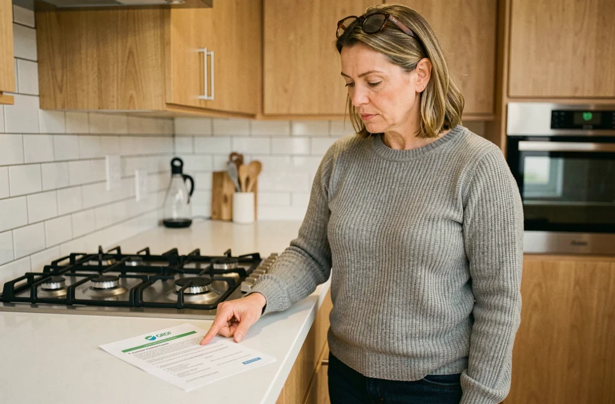 Femme consultant les documents de raccordement au gaz de ville GRDF dans une cuisine moderne