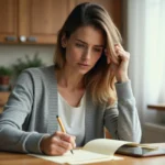 Une femme rédige une lettre d'absence pour raison familiale à la table de sa cuisine, avec un calendrier ouvert sur son téléphone portable