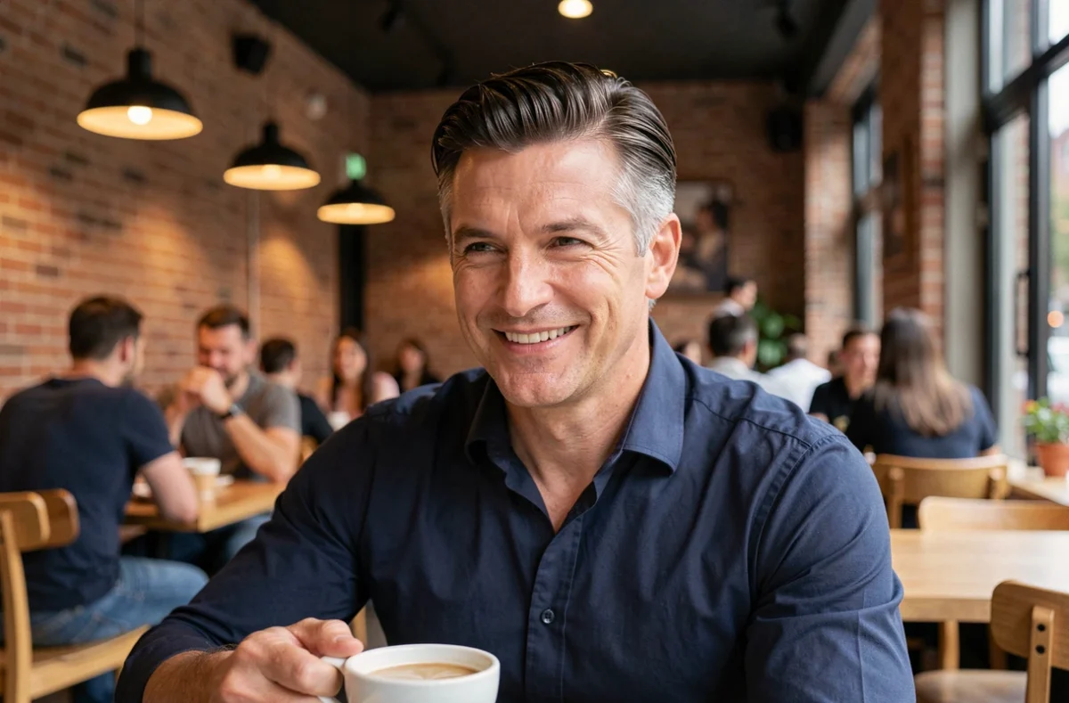 Résultat d'une teinture réussie sur cheveux poivre et sel chez un homme élégant dans un café moderne