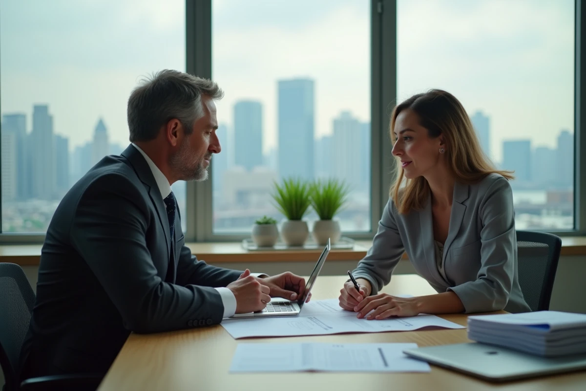 Deux professionnels analysant une stratégie de solutions B2B innovantes autour d'un bureau avec vue sur la ville