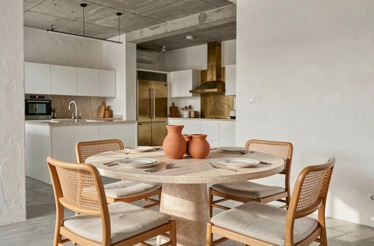 Table à manger ronde en travertin avec chaises en rotin et céramiques artisanales dans un appartement moderne à la française