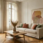 Salon parisien de style french touch avec canapé en lin crème, art mural abstrait et parquet en chevrons dans un appartement haussmannien
