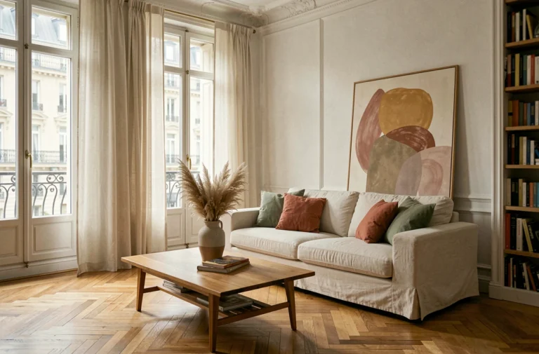 Salon parisien de style french touch avec canapé en lin crème, art mural abstrait et parquet en chevrons dans un appartement haussmannien
