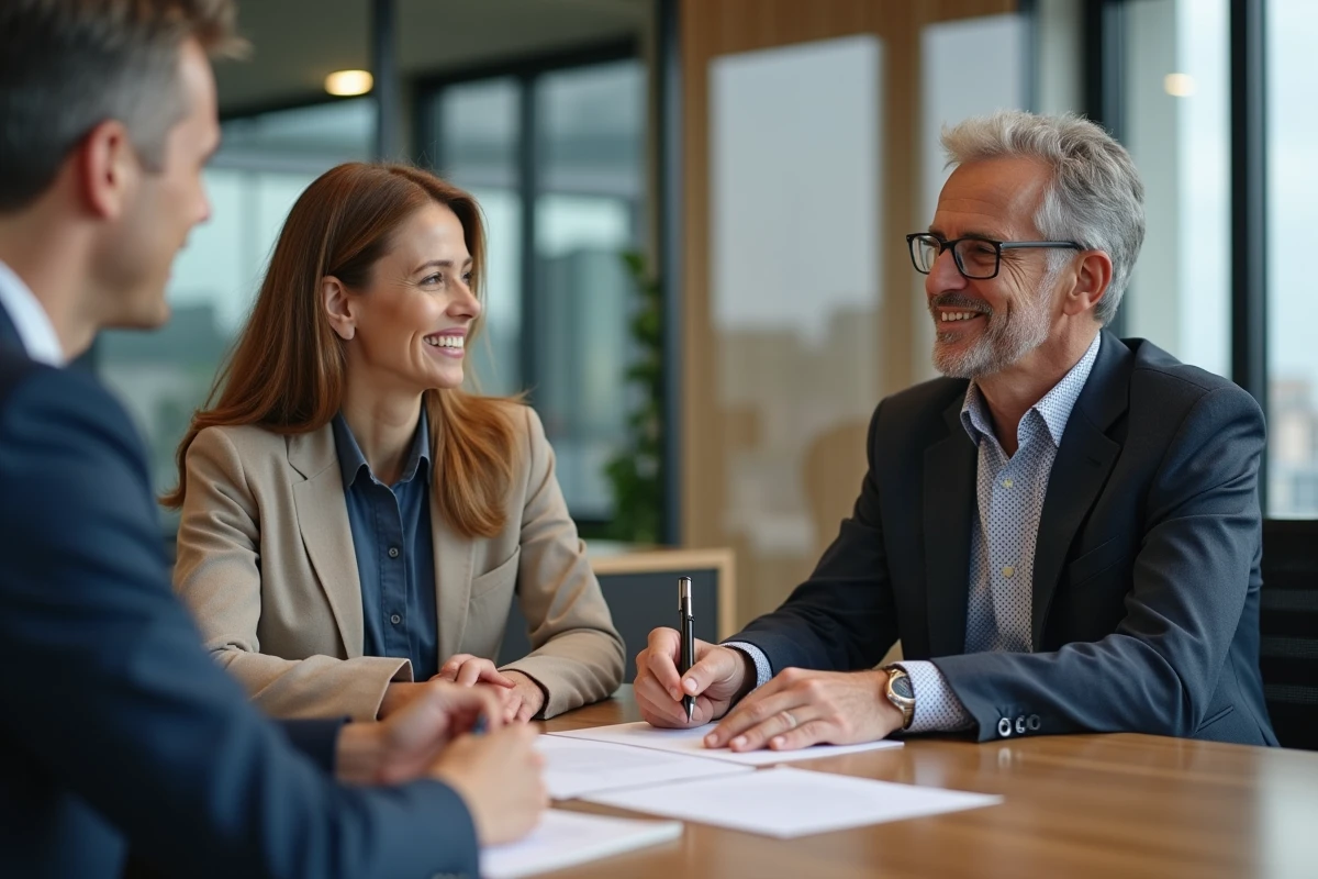 Agent immobilier signe contrat avec couple dans bureau moderne