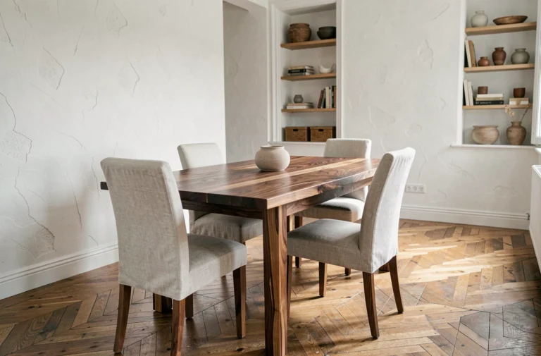 Table de salle à manger en noyer massif entourée de chaises en lin dans un intérieur scandinave élégant