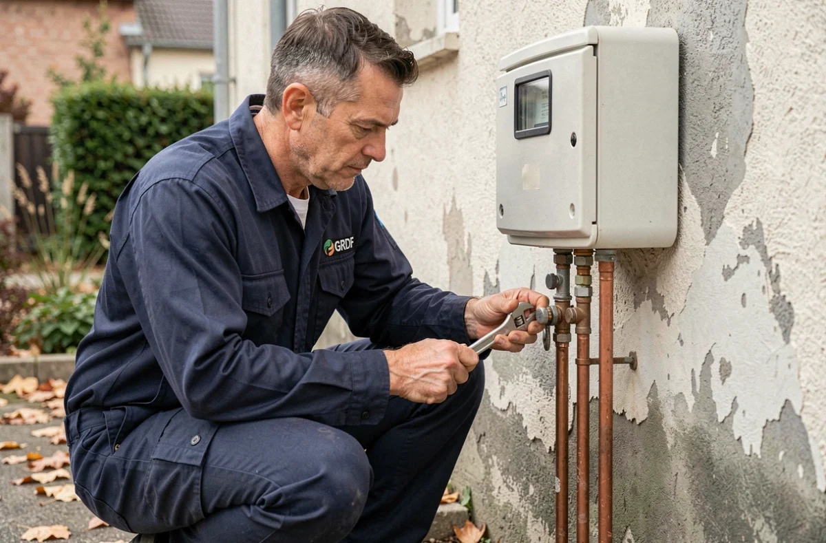 Technicien GRDF inspectant un compteur de gaz de ville extérieur avec une clé à molette lors d'un raccordement résidentiel