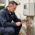 Technicien GRDF inspectant un compteur de gaz de ville extérieur avec une clé à molette lors d'un raccordement résidentiel