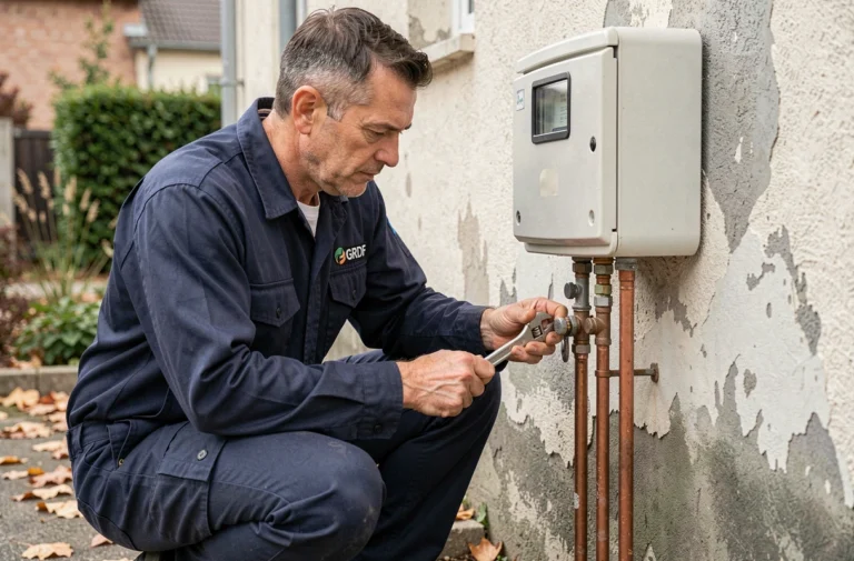 Technicien GRDF inspectant un compteur de gaz de ville extérieur avec une clé à molette lors d'un raccordement résidentiel