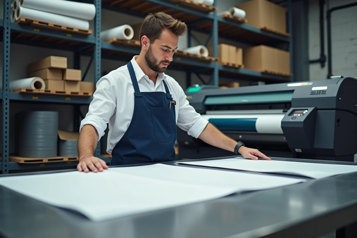Technicien en imprimerie comparant deux formats d'affiches standards sur une table de tri professionnelle
