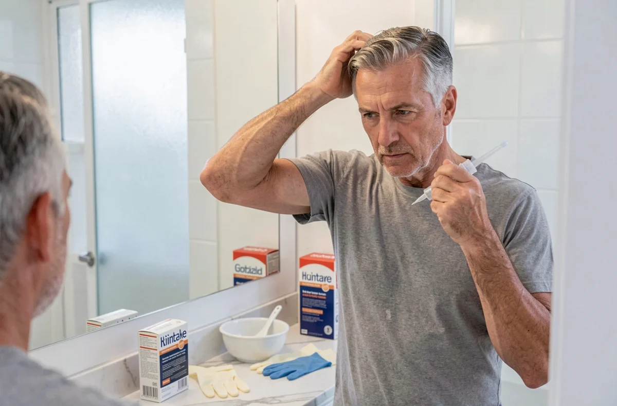 Homme d'une cinquantaine d'années appliquant lui-même sa teinture sur cheveux grisonnants dans sa salle de bain