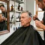Homme aux cheveux poivre et sel en train de recevoir une teinture chez un barbier professionnel