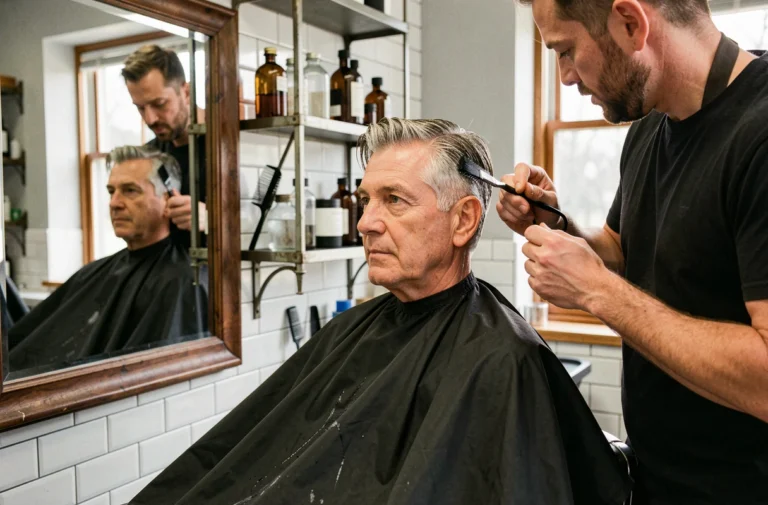 Homme aux cheveux poivre et sel en train de recevoir une teinture chez un barbier professionnel
