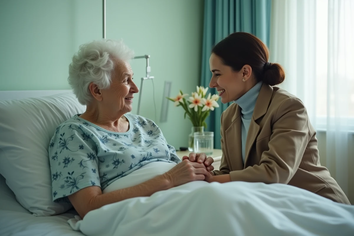Une fille rend visite à sa mère âgée hospitalisée, illustrant un motif d'absence pour raison familiale urgente